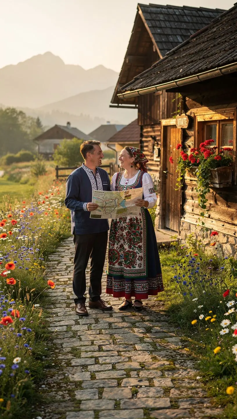 Hiker following a marked rural trail with informational signs about local history and culture in Slovakia.