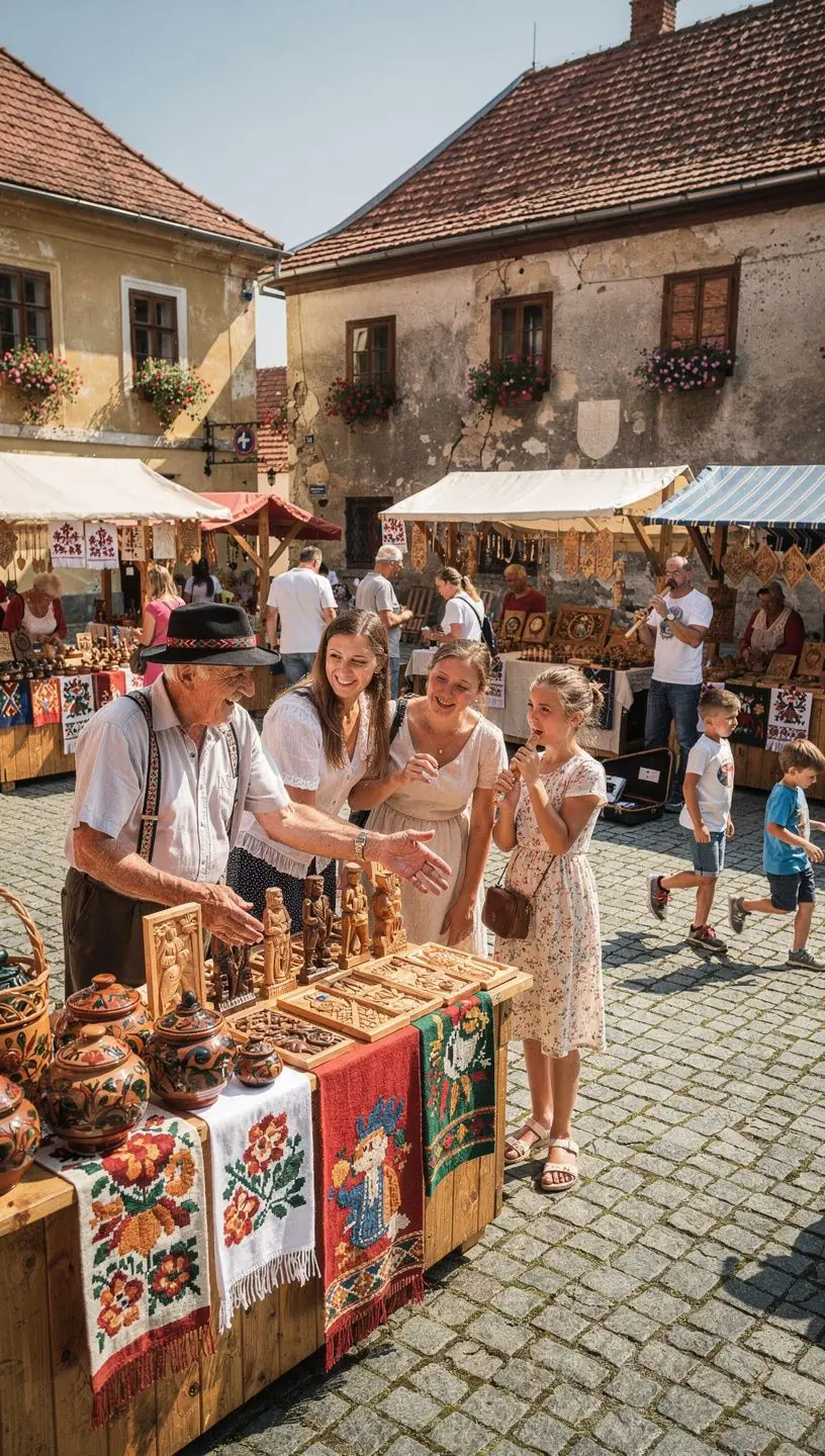 Local craft market in a Slovak village showcasing handmade goods and cultural heritage artifacts.